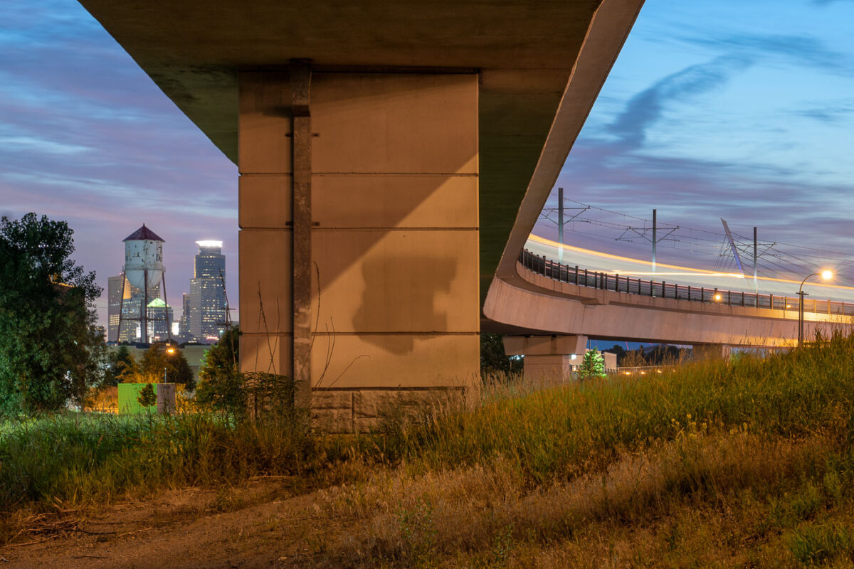 A bridge for a Metro Transit Light Rail train over Haiwatha Ave in South Minneapolis.