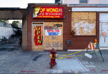 Hop Wong Chinese Restaurant on Chicago Ave with boards on it after the May 25th, 2020 death of George Floyd.