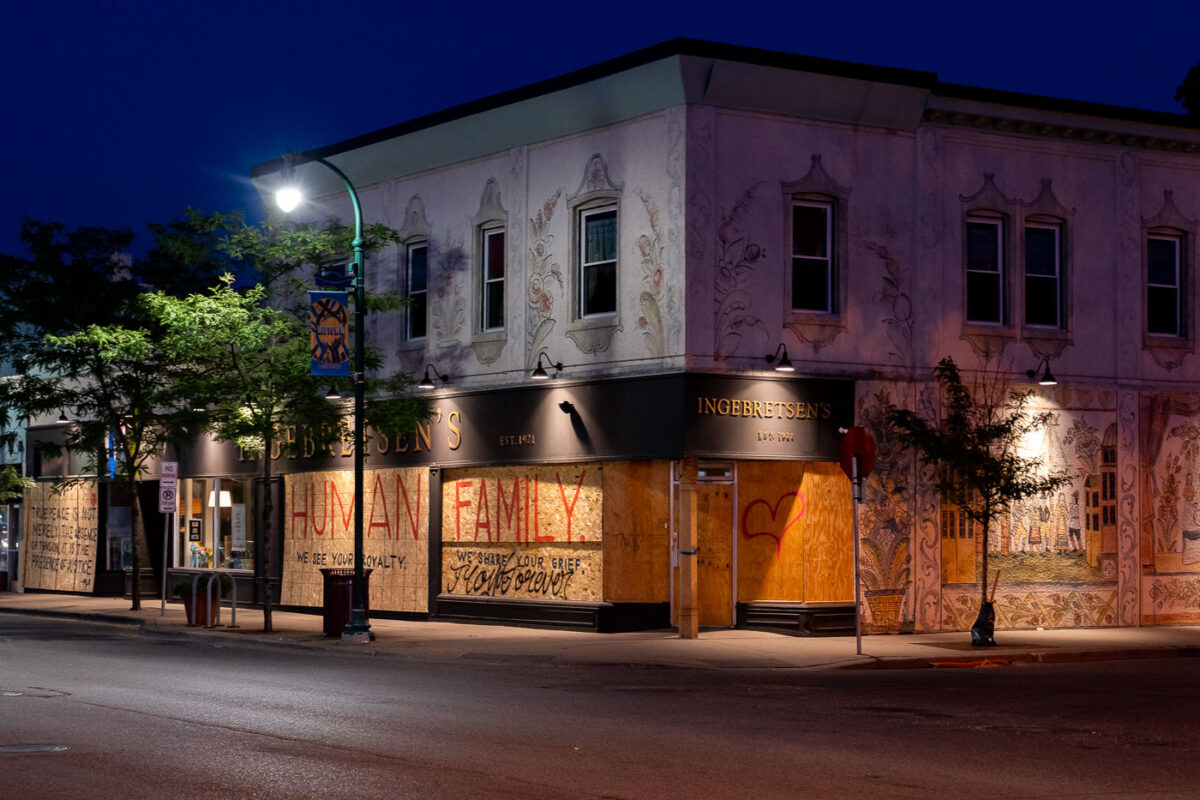 Ingebretsen's, located at 1601 E Lake St in South Minneapolis. Damaged during the unrest over the May 25th death of George Floyd.