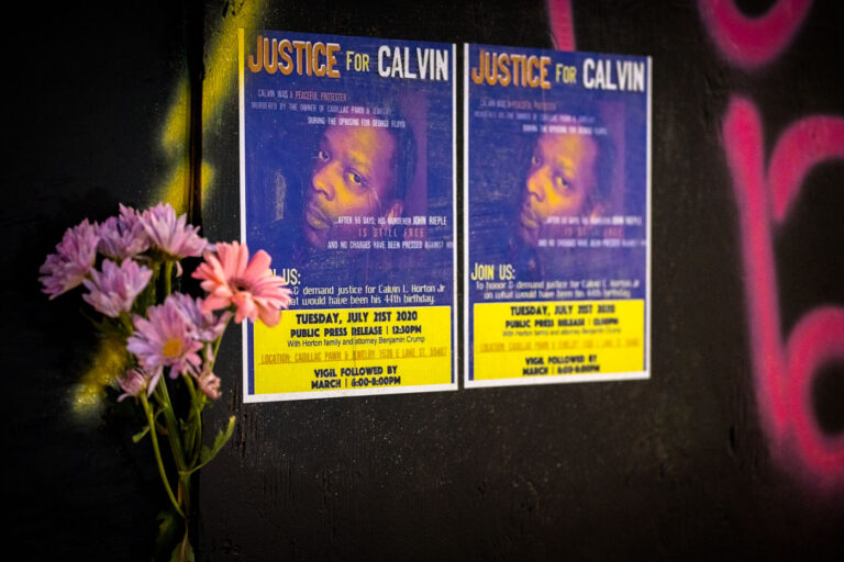 Justice for Calvin Horton Jr Flyers 4 Poster hanging on the boards of Cadillac Pawn announcing a vigil for Calvin Horton Jr, who was shot and killed by the owner on May 27th. He was shot and killed during the unrest in Minneapolis over the May 25th death of George Floyd.