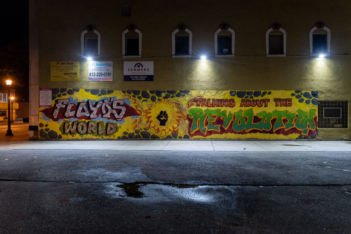 A large mural on the side of a building on Nicollet Ave in Minneapolis. “Floyd’s World” “Taking about the revolution”.