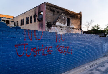 No Justice No Peace! Written on what’s left of Chicago Furniture on Chicago Ave in Minneapolis. The store was burned in riots after the May 25th, 2020 death of George Floyd.
