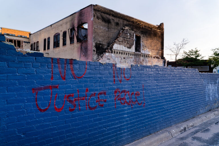 No Justice No Peace! 4 No Justice No Peace! Written on what’s left of Chicago Furniture on Chicago Ave in Minneapolis. The store was burned in riots after the May 25th, 2020 death of George Floyd.