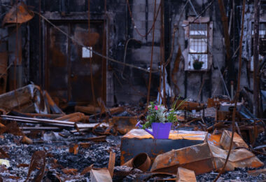 Flowers inside a burned out building on Chicago Ave in Minneapolis. The building was burned after the May 25th, 2020 death of George Floyd.