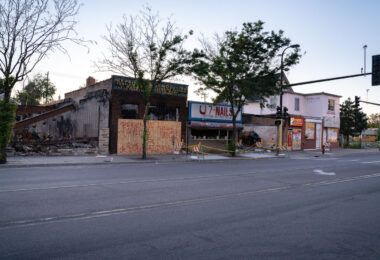 Damaged buildings on the 2900 block of Chicago Ave. The buildings were burned and looted during riots following the May 25th, 2020 death of George Floyd.