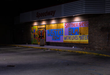 Speedway gas station with painted art boards in South Minneapolis.