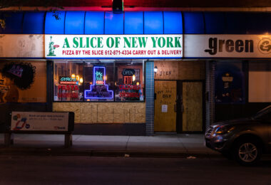 A Slice of New York on Nicollet Ave in Minneapolis with boards up following riots after the May 25th, 2020 death of George Floyd.
