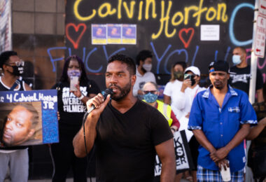 Toussaint Morrison speaks outside Cadillac Pawn where Calvin Horton Jr was killed during protests over the murder of George Floyd. Protesters are asking for charges in the case.