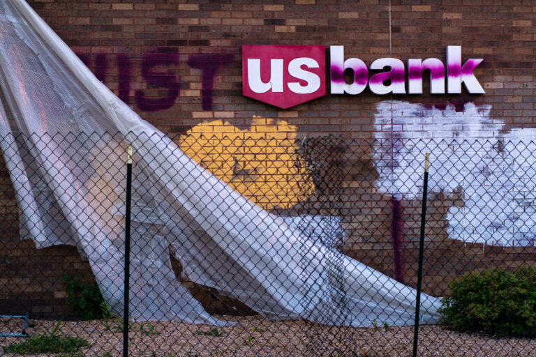US Bank after Minneapolis riots 1 Graffiti on the US Bank on Lake Street after riots following the May 25th, 2020 death of George Floyd.