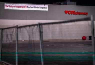 A sign reading “We’ll stand together and we’ll build together” on a Target Store with CVS Pharmacy on East Lake Street in Minneapolis. The store was heavily looted during the 2020 unrest in Minneapolis following the May 25th death of George Floyd.