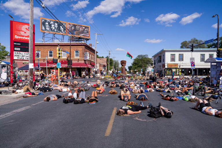 Protest Lay In at George Floyd Square August 2020 4 Protesters stage a "lay in" for 8 minutes and 46 seconds - the amount of time the Minneapolis Police knelt on George Floyd's neck.