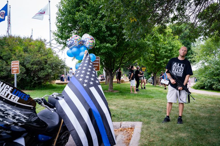 Man with rifle, All Lives Matter shirt, Woodbury 'Back The Blue' rally 1 All Lives matter Blue Lives Matter in Woodbury