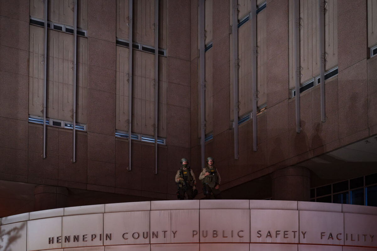 Hennepin County Sheriff's Officers guarding the Hennepin County Jail in downtown Minneapolis. Protesters had gathered after a dozen protesters were arrested following a large march downtown in solidarity with Jacob Blake.