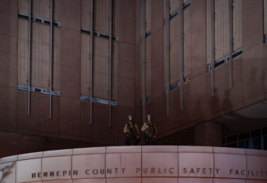 Hennepin County Sheriff's Officers guarding the Hennepin County Jail in downtown Minneapolis. Protesters had gathered after a dozen protesters were arrested following a large march downtown in solidarity with Jacob Blake.