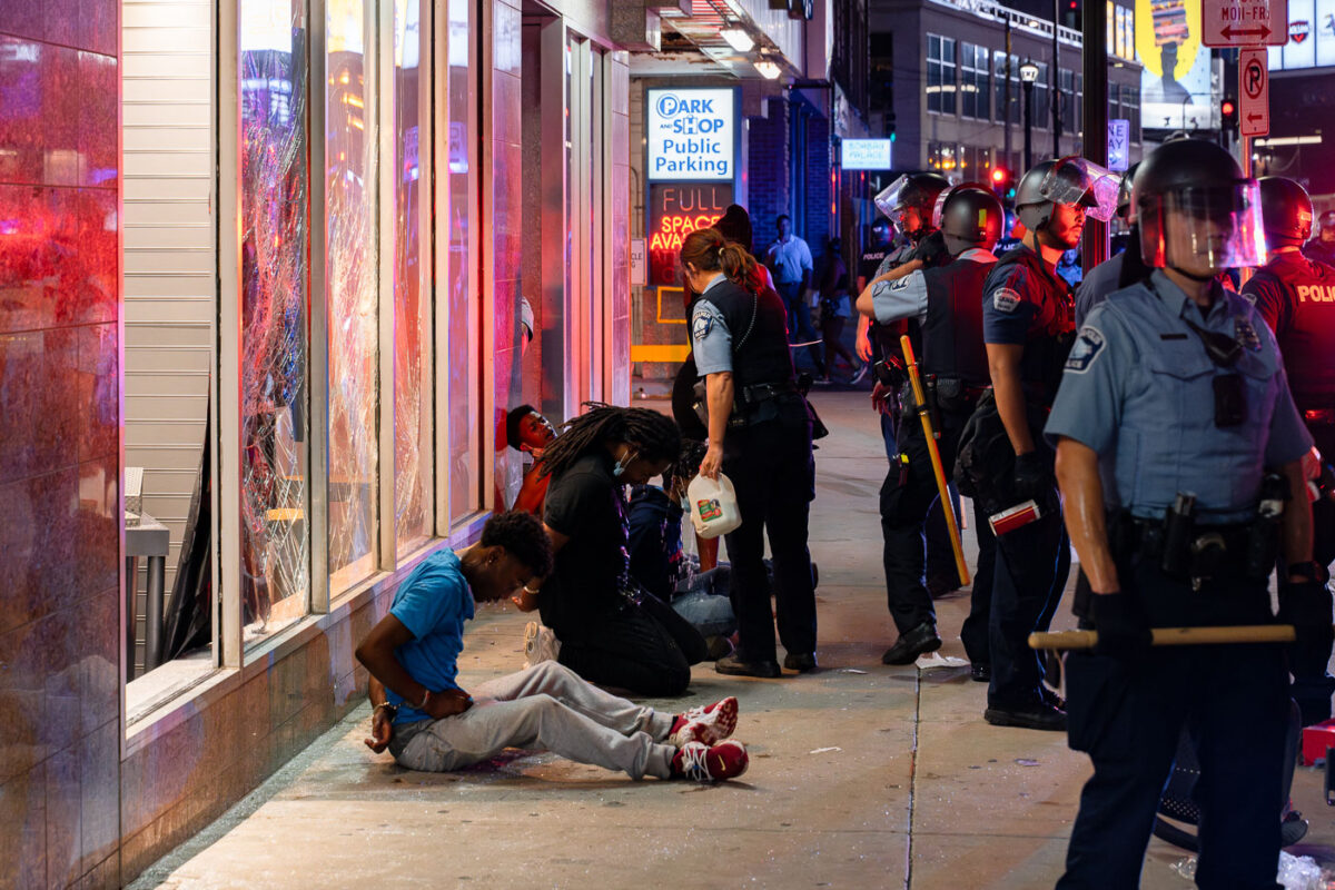 Arrests made by Minneapolis Police in downtown Minneapolis after looting broke out following false rumors of a Minneapolis Police shooting. The death of the man was a suicide.