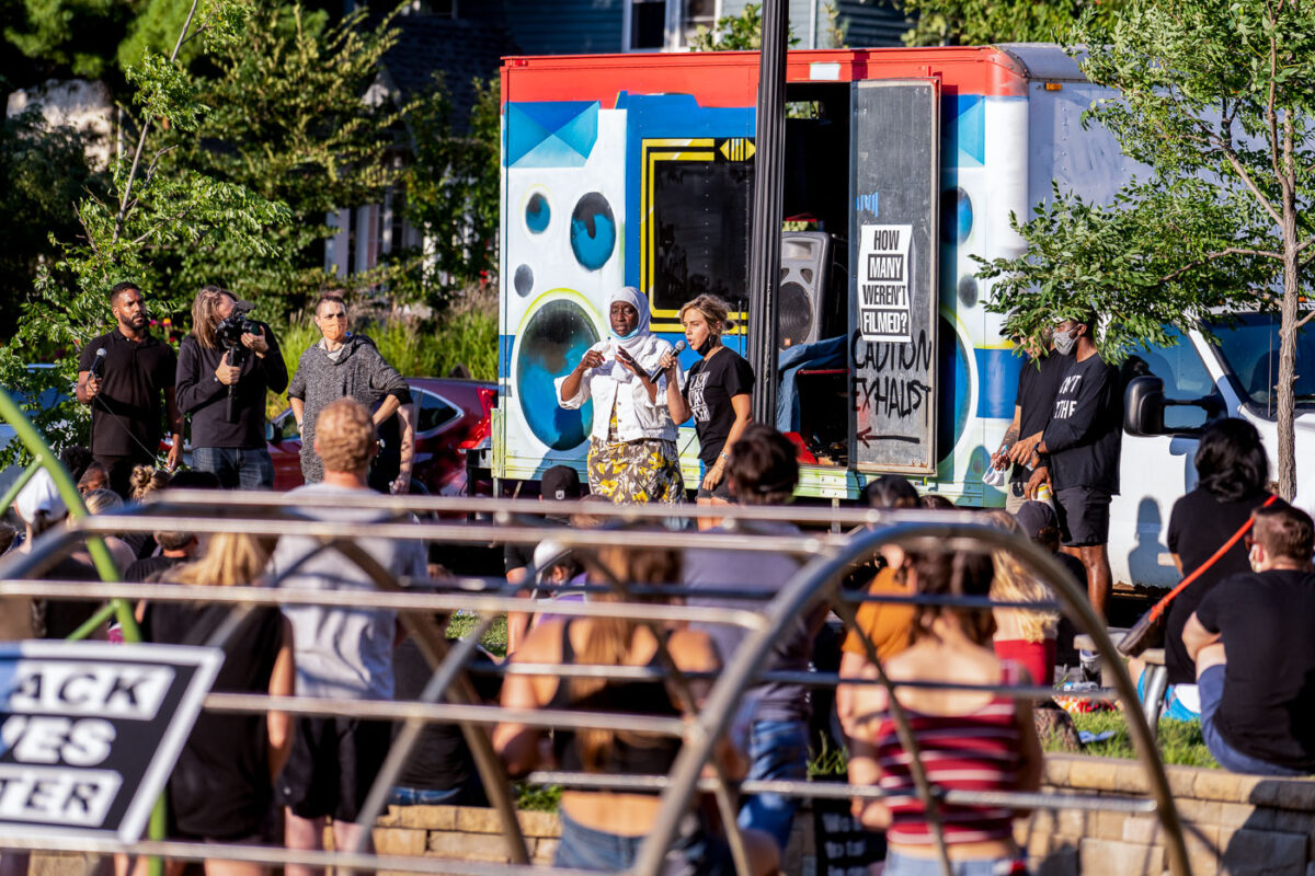 Neighbors speak on how they can be more inviting to everyone at a Black Lives Matter rally on August 28, 2020.