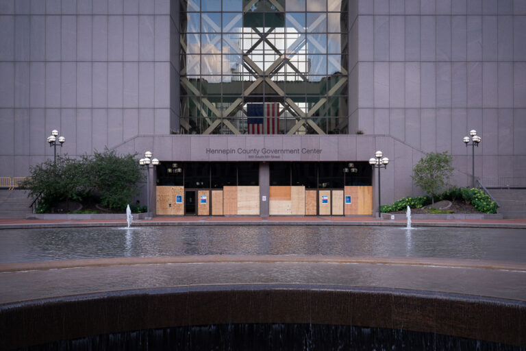 Boarded up Hennepin County Government Center in August 2020 1 Hennepin County Court House boarded up in Downtown Minneapolis after false rumors of a police shooting.