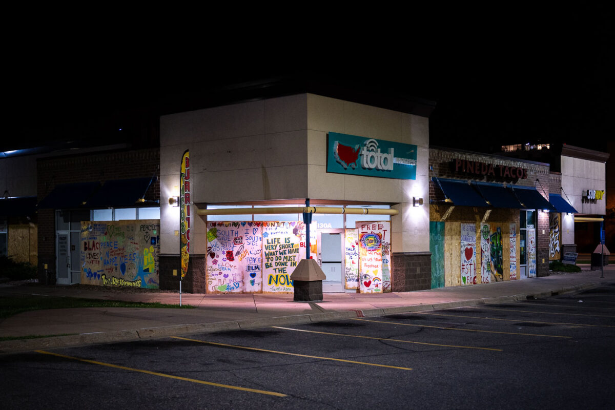 Boards on a strip mall on Lake Street. The boards went up following protests over the May 25th, 2020 death of George Floyd.