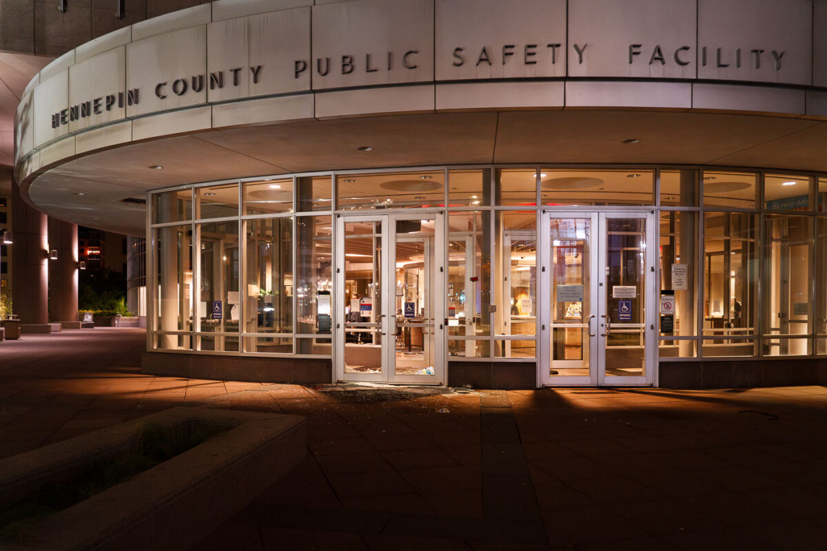 Vandalism of the front doors of the Hennepin County Public Safety Facility in downtown Minneapolis.