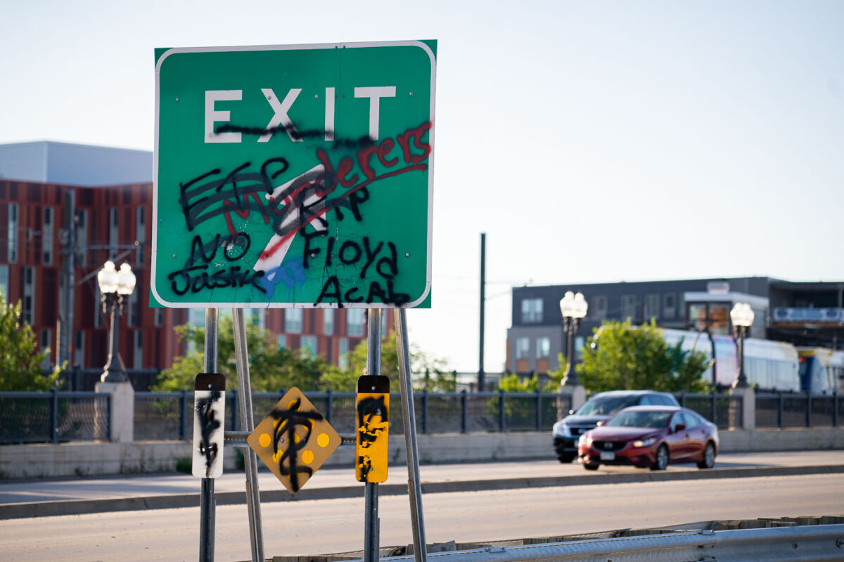 Graffiti on an Exit sign on Haiwatha Avenue on August 17, 2020.