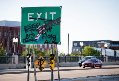 Graffiti on an Exit sign on Haiwatha Avenue on August 17, 2020.