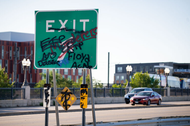 Haiwatha Avenue Exit Sign Graffiti 1 Graffiti on an Exit sign on Haiwatha Avenue on August 17, 2020.