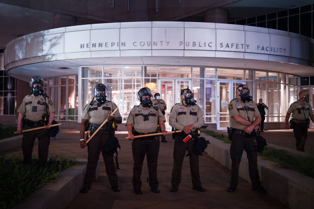 Hennepin County Sheriff's Officers guarding the Hennepin County Jail in downtown Minneapolis. Protesters were gathering after about a dozen protesters were arrested following a large march in solidarity with Jacob Blake.