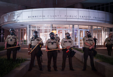 Hennepin County Sheriff's Officers guarding the Hennepin County Jail in downtown Minneapolis. Protesters were gathering after about a dozen protesters were arrested following a large march in solidarity with Jacob Blake.