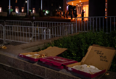 Pizza delivered to protesters outside the Hennepin County Jail in downtown Minneapolis by “jail support” as they demand the release of protesters arrested earlier in the evening. Protesters had marched after Jacob Blake was shot in Kenosha, Wisconsin.