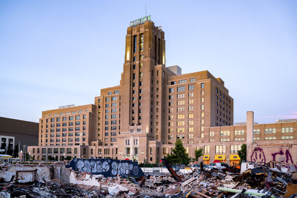 Midtown Exchange building located at 2929 Chicago Ave, Minneapolis. Buildings in the foreground were burned in fires following the the May 25th, 2020 death of George Floyd.