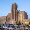 Midtown Exchange building located at 2929 Chicago Ave, Minneapolis. Buildings in the foreground were burned in fires following the the May 25th, 2020 death of George Floyd.