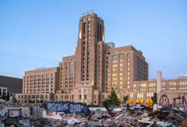 Midtown Exchange building located at 2929 Chicago Ave, Minneapolis. Buildings in the foreground were burned in fires following the the May 25th, 2020 death of George Floyd.