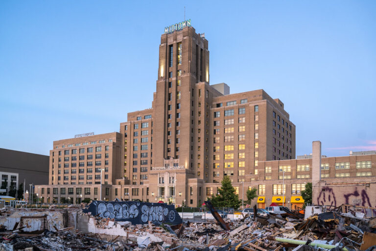 Midtown Exchange and fire damaged buildings 2 Midtown Exchange building located at 2929 Chicago Ave, Minneapolis. Buildings in the foreground were burned in fires following the the May 25th, 2020 death of George Floyd.