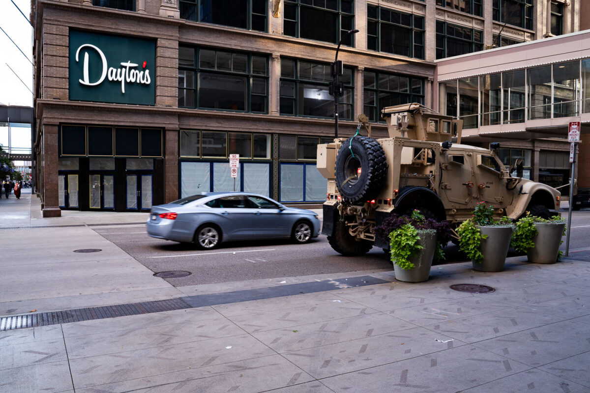 A Minnesota National Guard vehicle parked on Nicollet Mall following unrest in downtown Minneapolis. Unrest occurred after false rumors of a police shooting.