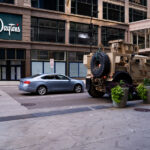 A Minnesota National Guard vehicle parked on Nicollet Mall following unrest in downtown Minneapolis. Unrest occurred after false rumors of a police shooting.