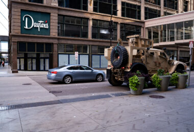 A Minnesota National Guard vehicle parked on Nicollet Mall following unrest in downtown Minneapolis. Unrest occurred after false rumors of a police shooting.