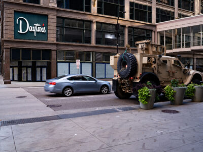 Minnesota National Guard vehicle, Nicollet Mall by Dayton's, August 2020