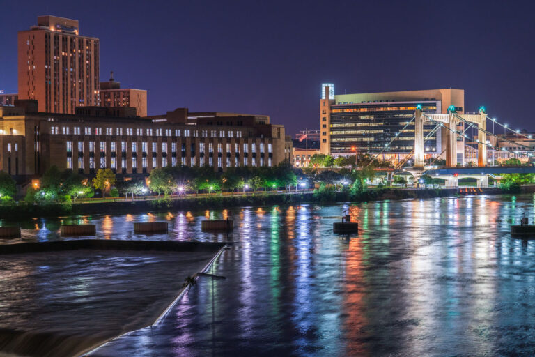Mississippi River and Hennepin Ave Bridge 2020 1 The Mississippi River in Downtown Minneapolis United States Post Office, Hennepin Ave Bridge and United States Federal Reserve also pictured.
