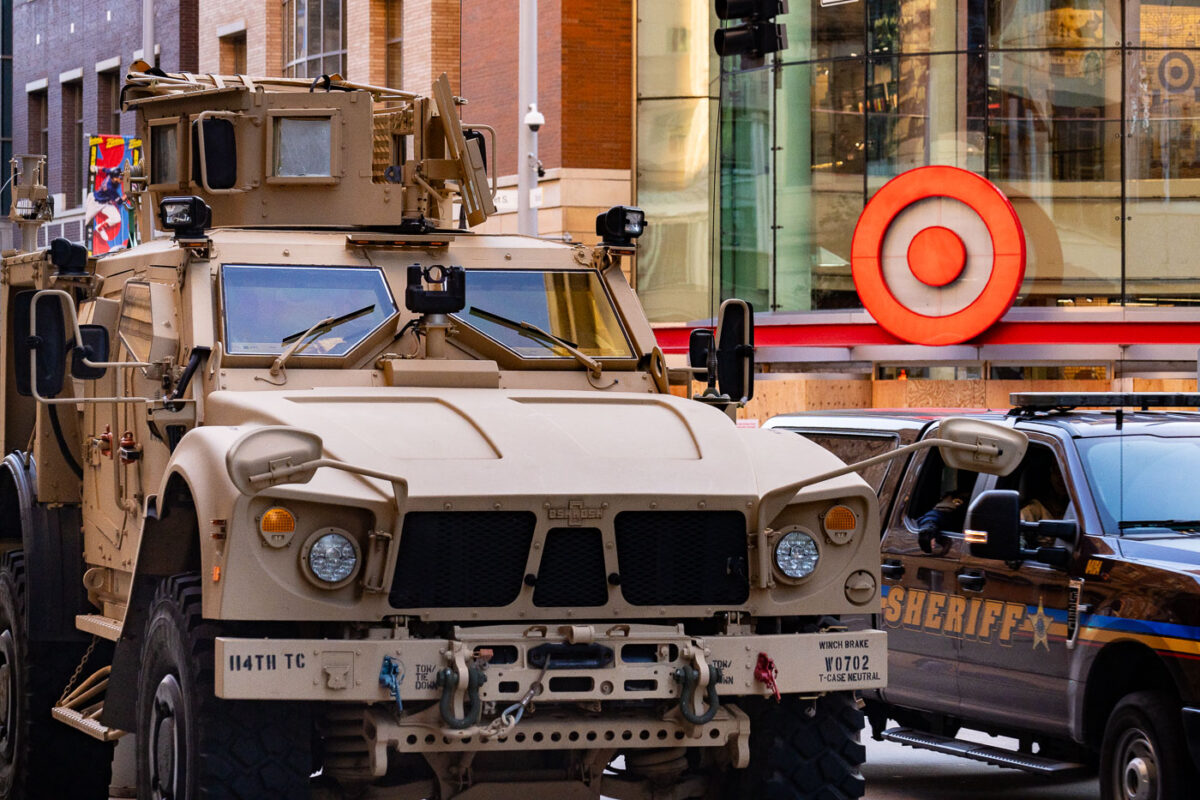 National Guard & Hennepin County Sheriff on Nicollet Mall in downtown Minneapolis on August 29th, 2020. The vehicles are seen after rioting broke out following false rumors of a police shooting days prior.