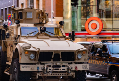 National Guard & Hennepin County Sheriff on Nicollet Mall in downtown Minneapolis on August 29th, 2020. The vehicles are seen after rioting broke out following false rumors of a police shooting days prior.