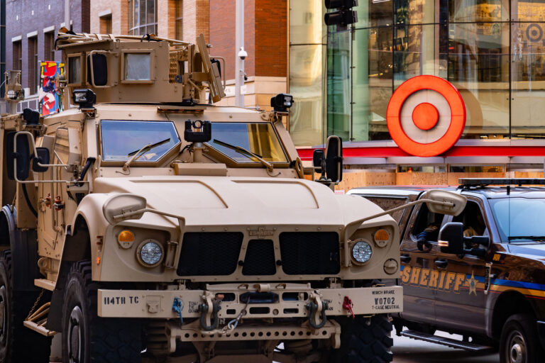 National Guard vehicles on Nicollet Mall 4 National Guard & Hennepin County Sheriff on Nicollet Mall in downtown Minneapolis on August 29th, 2020. The vehicles are seen after rioting broke out following false rumors of a police shooting days prior.