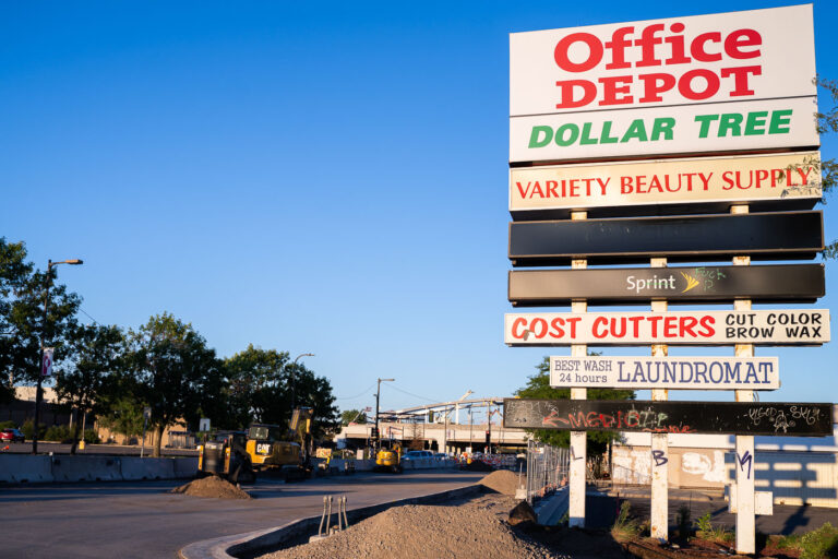 Lake Street strip mall in August 2020 1 "Medic" with an arrow written on a sign across the street from the K-Mart parking lot. The area was heavily damaged during protests following the May 25th, 2020 death of George Floyd.