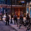 Hennepin County Sheriffs Officers patrol outside the Norstrom Rack and IDS Center in Minneapolis after looting and vandalism on August 27th, 2020.