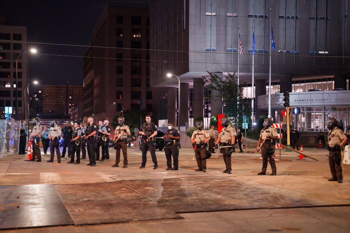 Hennepin County Sheriff's Officers guarding the Hennepin County Jail in downtown Minneapolis. Protesters were gathered after a dozen protesters were arrested following a large march downtown in solidarity with Jacob Blake.