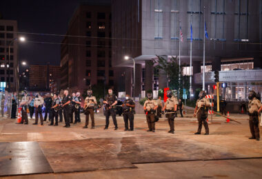 Hennepin County Sheriff's Officers guarding the Hennepin County Jail in downtown Minneapolis. Protesters were gathered after a dozen protesters were arrested following a large march downtown in solidarity with Jacob Blake.