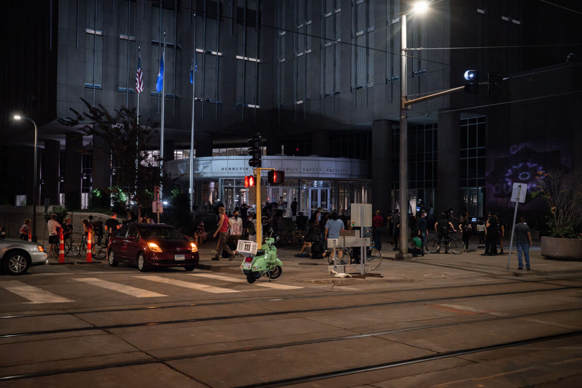 Protesters gather at the downtown jail seeking the release of protesters who were arrested earlier in the evening at a downtown Minneapolis march.