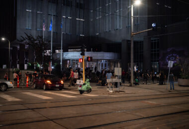 Protesters gather at the downtown jail seeking the release of protesters who were arrested earlier in the evening at a downtown Minneapolis march.
