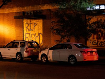 'RIP Floyd' Graffiti on a Boarded-Up Hennepin Avenue Walgreens