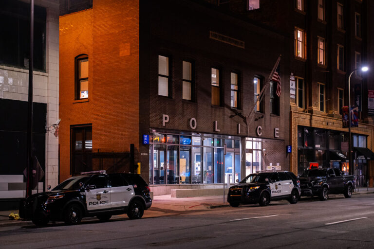 Squad cars outside the Minneapolis police 1st precinct 4 Minneapolis Police 1st Precinct police station located at 19 N 4th St in downtown Minneapolis.
