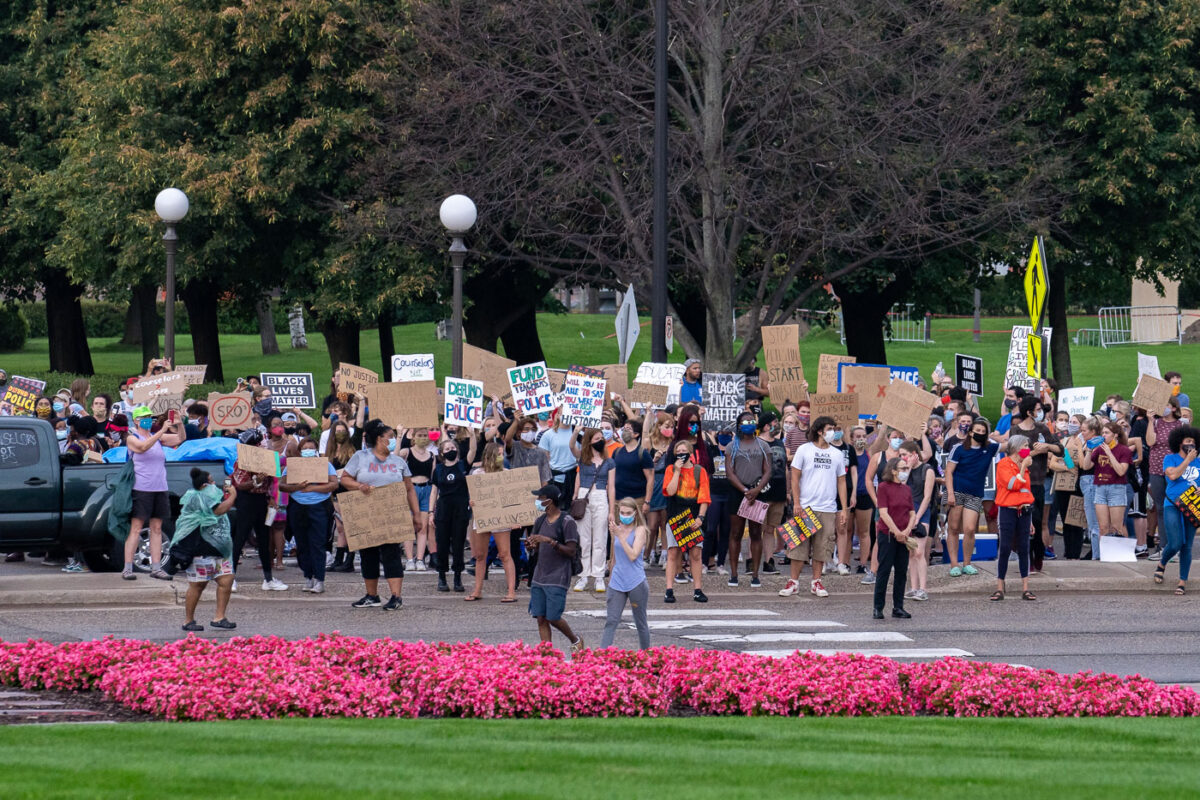 Students march at the Minnesota State Capitol on August 8, 2020.